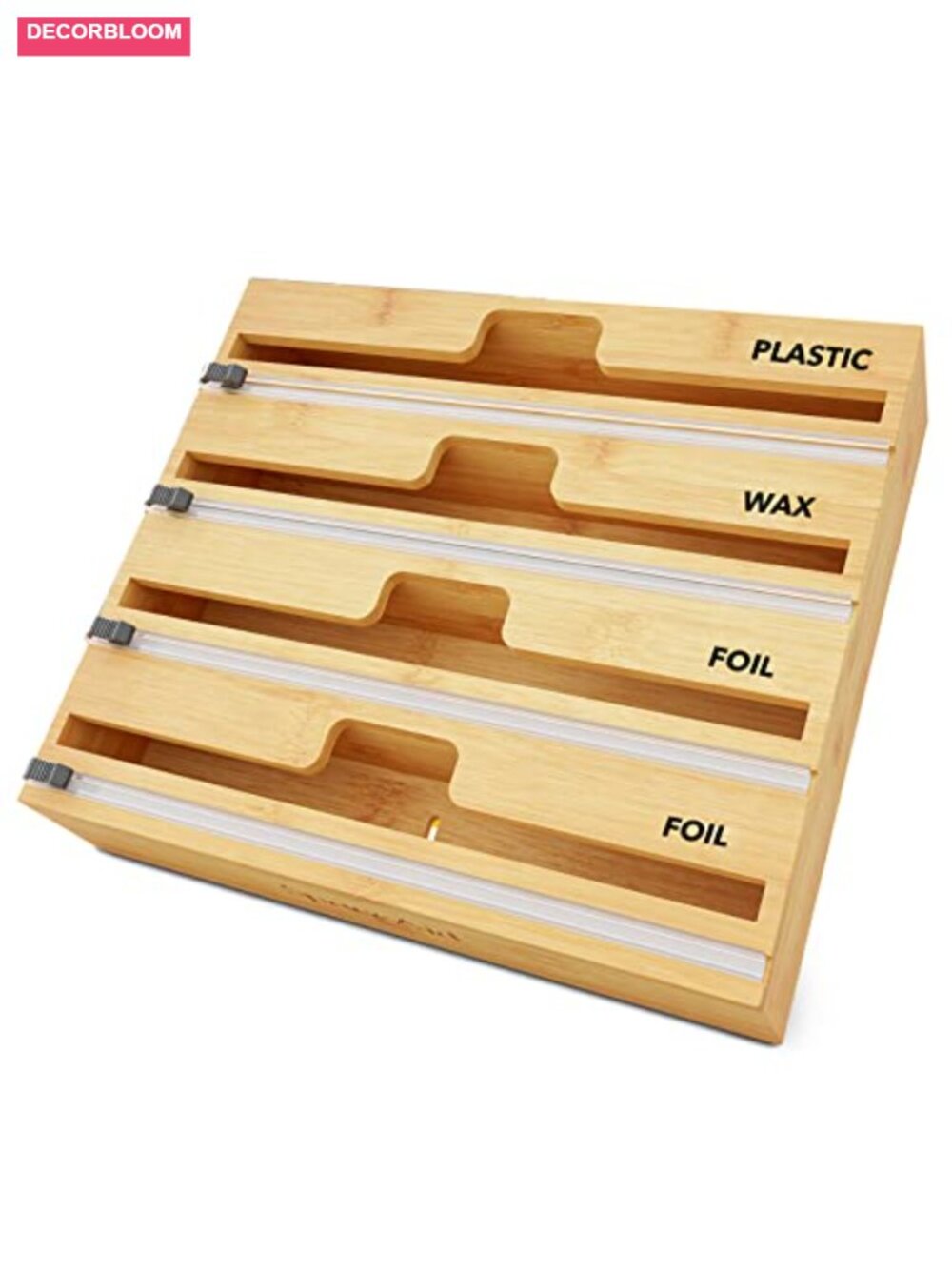 Bamboo Wrap Dispenser with Cutter & Labels, 4-Slot Kitchen Organizer for